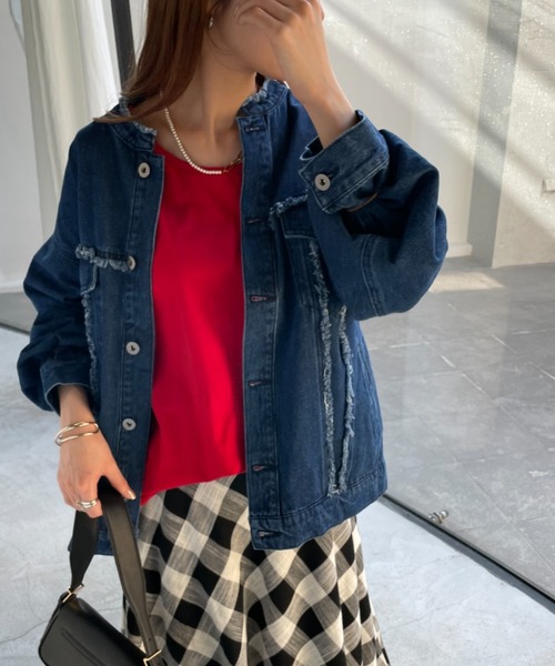 フリンジデニム ノーカラージャケット（デニムジャケット）｜HUG.U