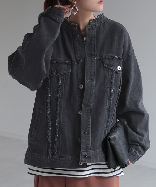 フリンジデニム ノーカラージャケット（デニムジャケット）｜HUG.U