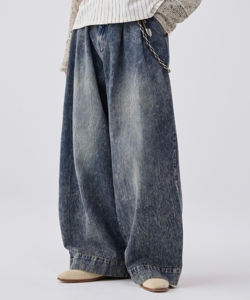 soerte ワイドバギーヴィンテージライクデニムパンツ Wide buggy vintage like denim pants ' Mud dyeing / Washed