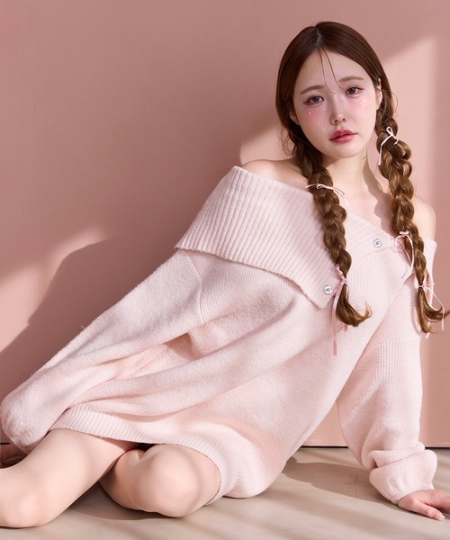 one after another NICE CLAUP（ワンアフターアナザーナイスクラップ）の「【juicy colorful knit】オフショルニットミニワンピース（ワンピース・レディース・杢グレー/イエロー/ピンク/サックスブルー/グレー/オフホワイト・FREE）」の18枚目の写真