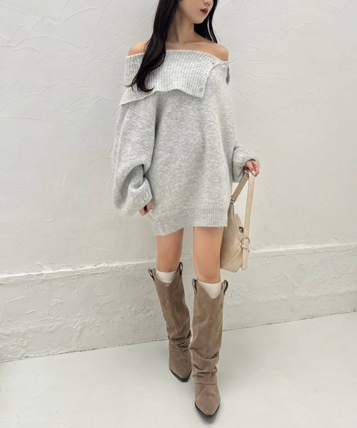 one after another NICE CLAUP（ワンアフターアナザーナイスクラップ）の「【juicy colorful knit】オフショルニットミニワンピース（ワンピース・レディース・杢グレー/イエロー/ピンク/サックスブルー/グレー/オフホワイト・FREE）」の12枚目の写真