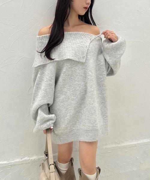 one after another NICE CLAUP（ワンアフターアナザーナイスクラップ）の「【juicy colorful knit】オフショルニットミニワンピース（ワンピース・レディース・杢グレー/イエロー/ピンク/サックスブルー/グレー/オフホワイト・FREE）」の10枚目の写真