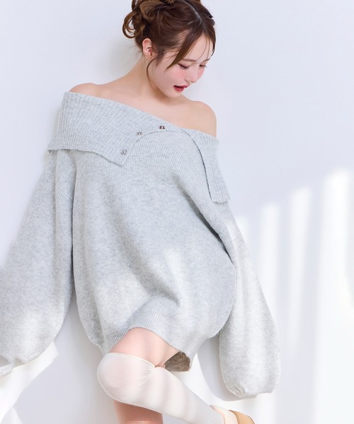 one after another NICE CLAUP（ワンアフターアナザーナイスクラップ）の「【juicy colorful knit】オフショルニットミニワンピース（ワンピース・レディース・杢グレー/イエロー/ピンク/サックスブルー/グレー/オフホワイト・FREE）」の8枚目の写真