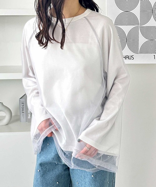 GeeRA(ジーラ)の「チュールレイヤードロンT(Tシャツ/カットソー・レディース・オフホワイト/チャコール/オートミール・LARGE/MEDIUM)」の1枚目の写真