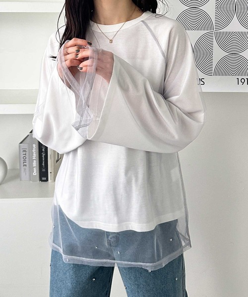 GeeRA(ジーラ)の「チュールレイヤードロンT(Tシャツ/カットソー・レディース・オフホワイト/チャコール/オートミール・LARGE/MEDIUM)」の4枚目の写真