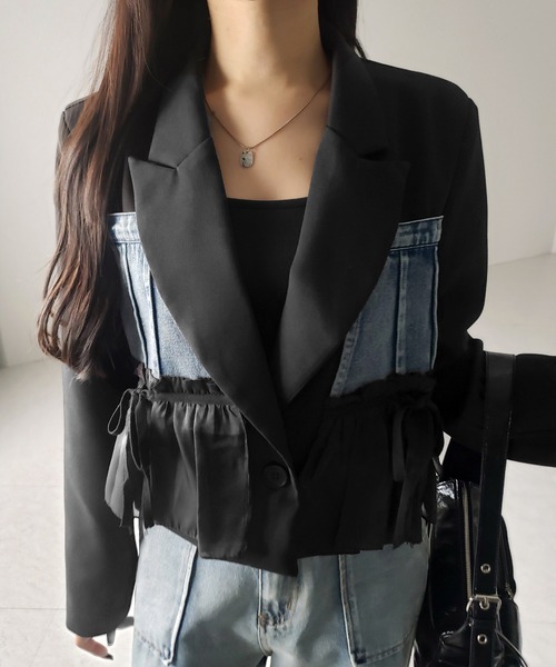 me+em select（ミームセレクト）の「デニムフリルドッキングショートテーラードジャケット ／denim frill docking short tailored jacket（テーラードジャケット・レディース・ブラック・FREE）」の20枚目の写真