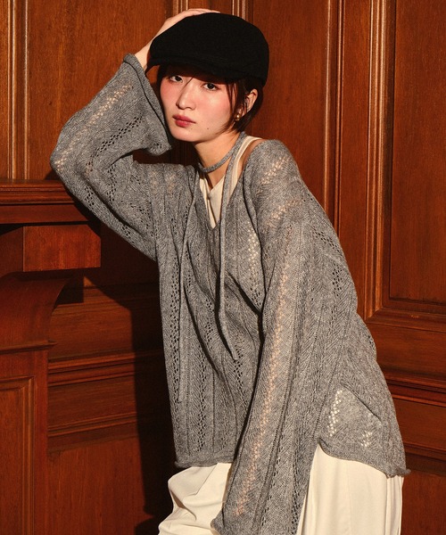 ニット セーター 「SET ITEM / セットアイテム」openwork knit ＆ tank top / 透かし編みVネックニット＆タンクトップ SET ITEM / セットアイテム】openwork knit & tank top / 透かし