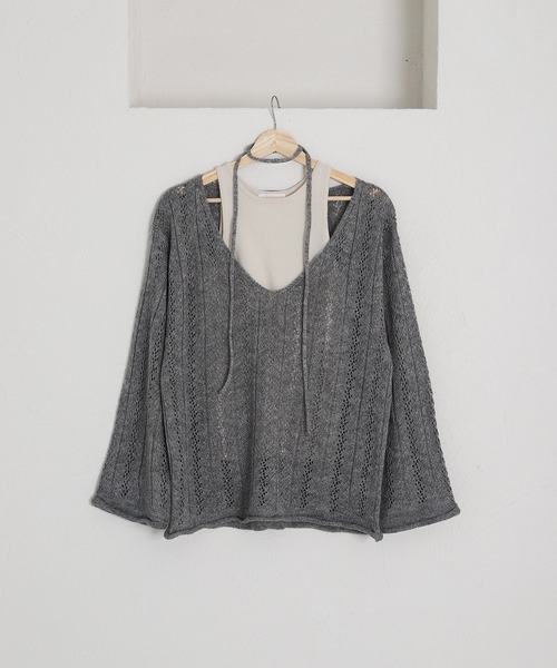 MUHET(ミュエータ)の「【SET ITEM / セットアイテム】openwork knit & tank top / 透かし編みVネックニット&タンクトップ(ニット/セーター・レディース・チャコールグレー/ベージュ/ライトブルー/ピンク/ライトグリーン・FREE)」の6枚目の写真