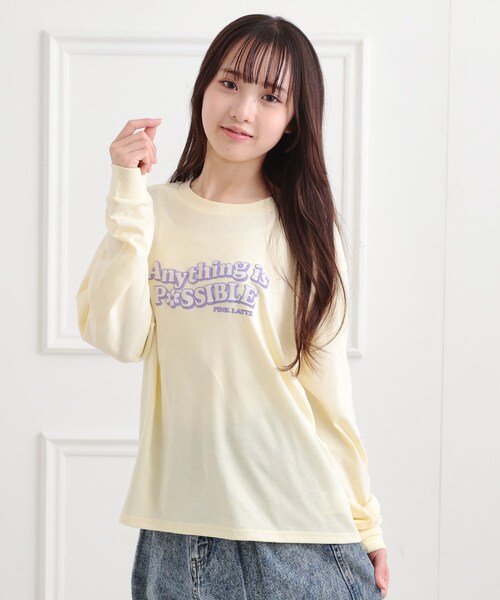 PINK-latte(ピンクラテ)の「ロゴ発砲プリントロンT(Tシャツ/カットソー・キッズ・ライトブルー/ブラック/オフホワイト/イエロー・15 /13/14/16)」の1枚目の写真