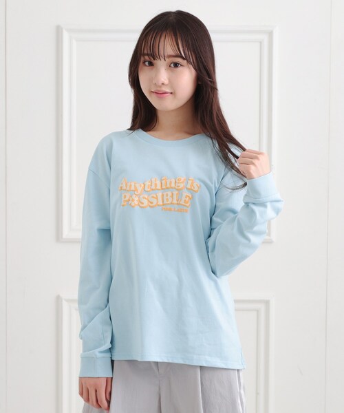 PINK-latte(ピンクラテ)の「ロゴ発砲プリントロンT(Tシャツ/カットソー・キッズ・ライトブルー/ブラック/オフホワイト/イエロー・15 /13/14/16)」の4枚目の写真