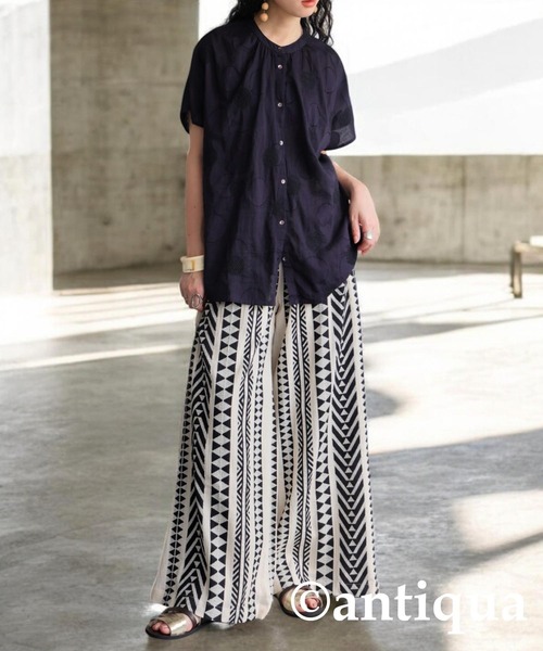 antiqua(アンティカ)の「ドット 刺繍 インド綿 シャツ(シャツ/ブラウス・レディース・ブラック/ホワイト・ONESIZE)」の3枚目の写真