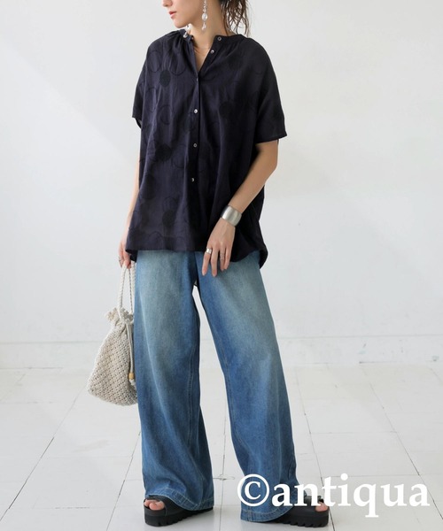 antiqua(アンティカ)の「ドット 刺繍 インド綿 シャツ(シャツ/ブラウス・レディース・ブラック/ホワイト・ONESIZE)」の5枚目の写真