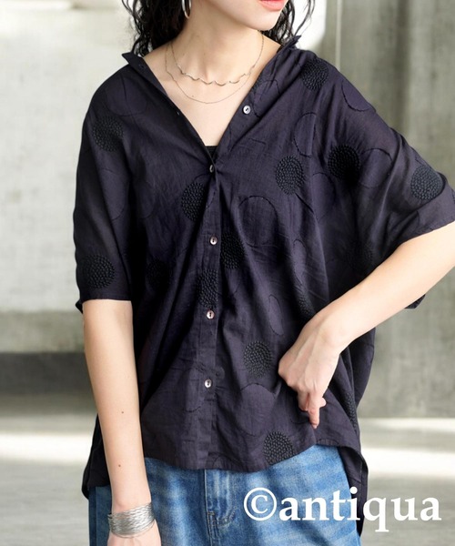 antiqua(アンティカ)の「ドット 刺繍 インド綿 シャツ(シャツ/ブラウス・レディース・ブラック/ホワイト・ONESIZE)」の6枚目の写真