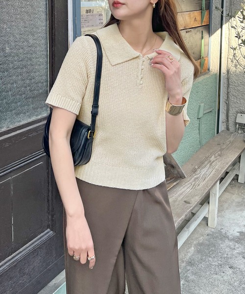 ABYS（アビス）の「【新色追加】半袖ニットポロシャツ（ニット/セーター・レディース・アイボリー/イエロー/ピンク/ネイビー/ブラウン・LARGE/MEDIUM）」の8枚目の写真