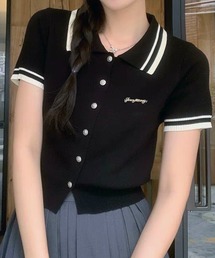 配色ライン襟ニットポロシャツ 半袖／韓国ガーリー Y2K風トップス(CZ)