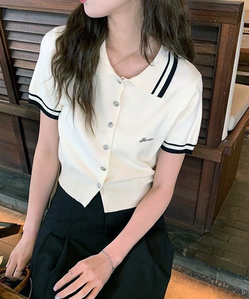 VIBGYOR（ヴィブジョー）の「配色ライン襟ニットポロシャツ 半袖／韓国ガーリー Y2K風トップス(CZ)（カーディガン/ボレロ・レディース・ブラック/アイボリー・FREE）」の19枚目の写真
