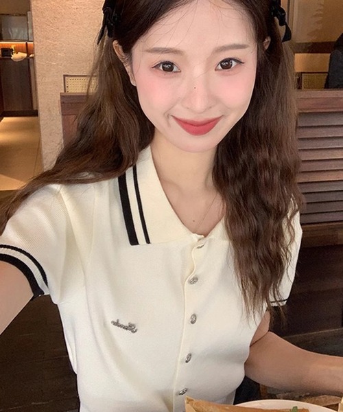 VIBGYOR（ヴィブジョー）の「配色ライン襟ニットポロシャツ 半袖／韓国ガーリー Y2K風トップス(CZ)（カーディガン/ボレロ・レディース・ブラック/アイボリー・FREE）」の21枚目の写真