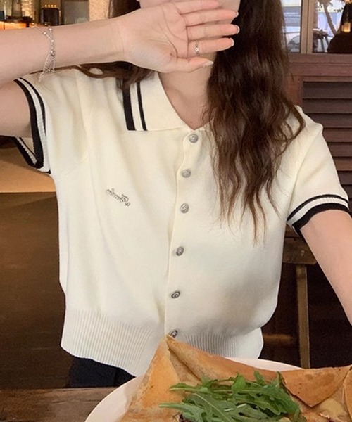 VIBGYOR（ヴィブジョー）の「配色ライン襟ニットポロシャツ 半袖／韓国ガーリー Y2K風トップス(CZ)（カーディガン/ボレロ・レディース・ブラック/アイボリー・FREE）」の22枚目の写真