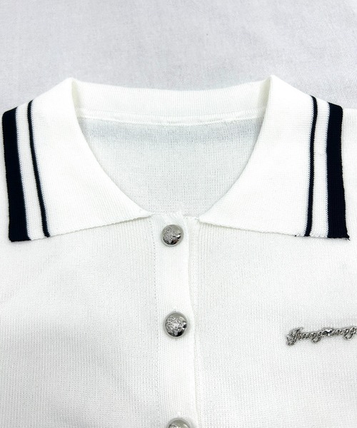 VIBGYOR（ヴィブジョー）の「配色ライン襟ニットポロシャツ 半袖／韓国ガーリー Y2K風トップス(CZ)（カーディガン/ボレロ・レディース・ブラック/アイボリー・FREE）」の12枚目の写真