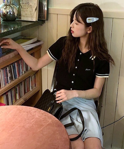 セットアップ 配色 ポロシャツ ワイドパンツ カジュアル 韓国 セール】【lulufa】配色ライン襟ニットポロシャツ 半袖／韓国