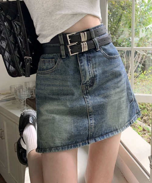 Teem Store(チームストア)の「【ベルト付き】ダブルウエスト デニムミニスカート(スカート・レディース・ブルー/ブラック・M/L)」の2枚目の写真