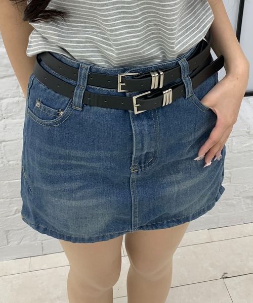 Teem Store(チームストア)の「【ベルト付き】ダブルウエスト デニムミニスカート(スカート・レディース・ブルー/ブラック・M/L)」の3枚目の写真