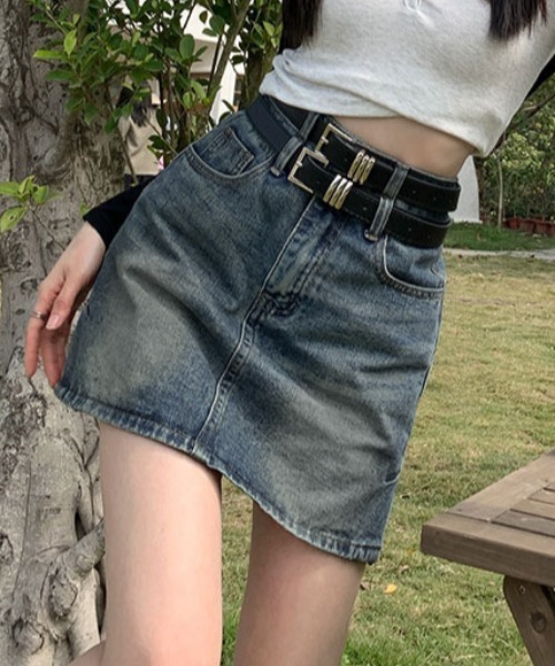 Teem Store(チームストア)の「【ベルト付き】ダブルウエスト デニムミニスカート(スカート・レディース・ブルー/ブラック・M/L)」の5枚目の写真