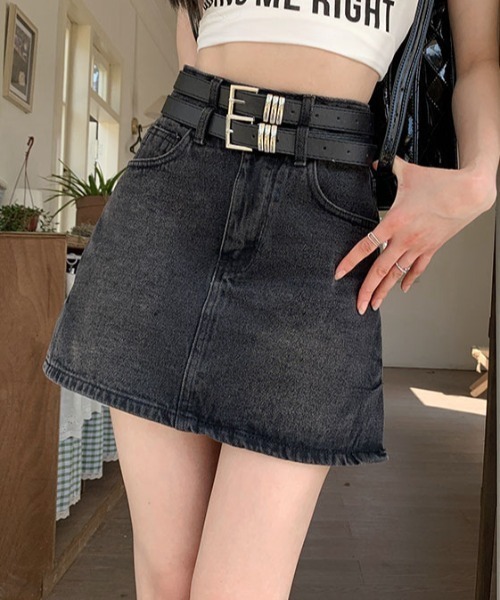 Teem Store(チームストア)の「【ベルト付き】ダブルウエスト デニムミニスカート(スカート・レディース・ブルー/ブラック・M/L)」の6枚目の写真