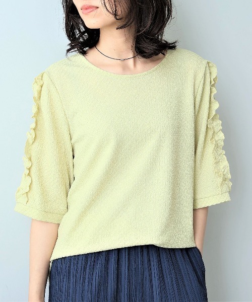 leswel（レスウェル）の「【L～5L 大きいサイズ】ジャガードニットフリルスリーブプルオーバー 6分袖 春夏（Tシャツ/カットソー・レディース・ブラック/ブラウン/グリーン・5L/3L/LL/4L/L）」の11枚目の写真