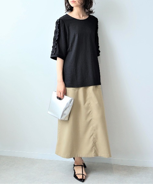 leswel（レスウェル）の「【L～5L 大きいサイズ】ジャガードニットフリルスリーブプルオーバー 6分袖 春夏（Tシャツ/カットソー・レディース・ブラック/ブラウン/グリーン・5L/3L/LL/4L/L）」の12枚目の写真