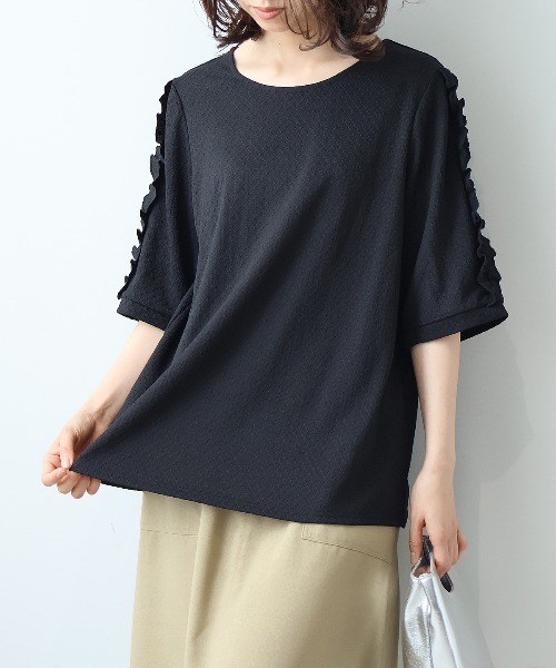 leswel（レスウェル）の「【L～5L 大きいサイズ】ジャガードニットフリルスリーブプルオーバー 6分袖 春夏（Tシャツ/カットソー・レディース・ブラック/ブラウン/グリーン・5L/3L/LL/4L/L）」の14枚目の写真