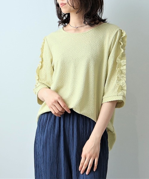 leswel（レスウェル）の「【L～5L 大きいサイズ】ジャガードニットフリルスリーブプルオーバー 6分袖 春夏（Tシャツ/カットソー・レディース・ブラック/ブラウン/グリーン・5L/3L/LL/4L/L）」の16枚目の写真