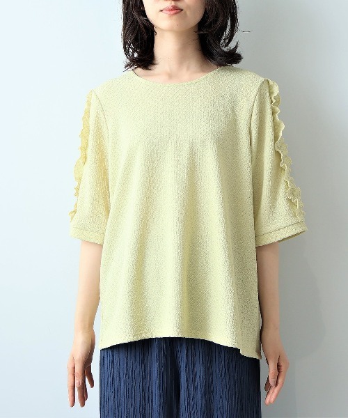 leswel（レスウェル）の「【L～5L 大きいサイズ】ジャガードニットフリルスリーブプルオーバー 6分袖 春夏（Tシャツ/カットソー・レディース・ブラック/ブラウン/グリーン・5L/3L/LL/4L/L）」の5枚目の写真