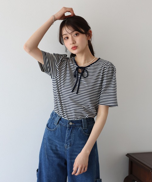 BLUEEAST（ブルーイースト）の「パイピングリボンタックTシャツ（Tシャツ/カットソー・レディース・アイボリー/ネイビー系/ブラック系/ブラック/ミント・MEDIUM）」の19枚目の写真