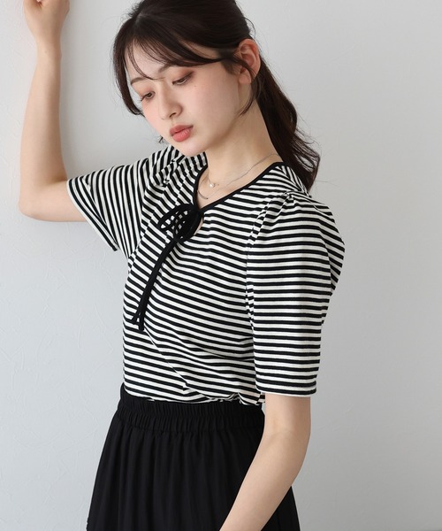 BLUEEAST（ブルーイースト）の「パイピングリボンタックTシャツ（Tシャツ/カットソー・レディース・アイボリー/ネイビー系/ブラック系/ブラック/ミント・MEDIUM）」の13枚目の写真
