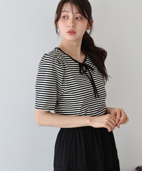 BLUEEAST（ブルーイースト）の「パイピングリボンタックTシャツ（Tシャツ/カットソー・レディース・アイボリー/ネイビー系/ブラック系/ブラック/ミント・MEDIUM）」の14枚目の写真