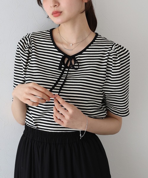 BLUEEAST（ブルーイースト）の「パイピングリボンタックTシャツ（Tシャツ/カットソー・レディース・アイボリー/ネイビー系/ブラック系/ブラック/ミント・MEDIUM）」の16枚目の写真