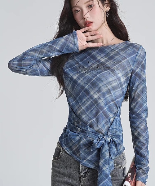 Sibra(シブラ)の「シアーチェックサイドリボントップス(Tシャツ/カットソー・レディース・ブルー・M)」の4枚目の写真