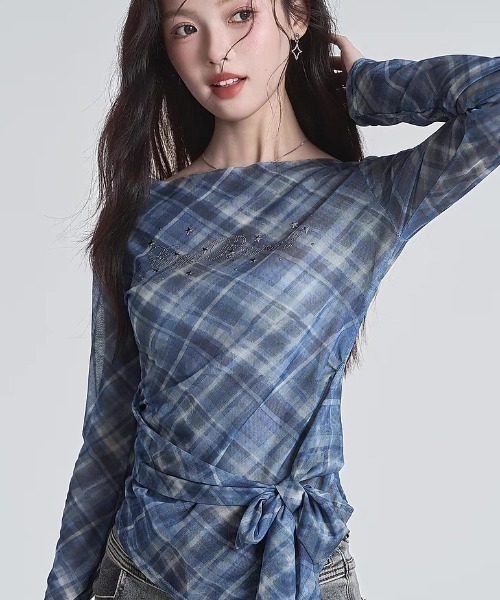 Sibra(シブラ)の「シアーチェックサイドリボントップス(Tシャツ/カットソー・レディース・ブルー・M)」の5枚目の写真