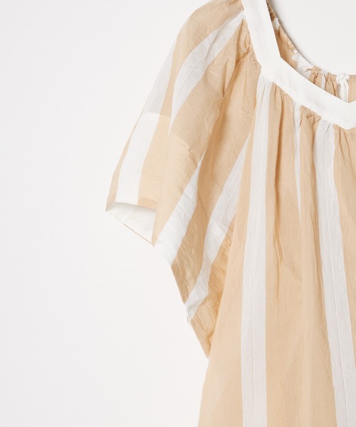enrica(エンリカ)の「enrica/エンリカ DRESS ドレス ワンピース 半袖ワンピース ストライプ 秋服 冬服(ワンピース・レディース・キャメル/ブルー・FREE)」の4枚目の写真