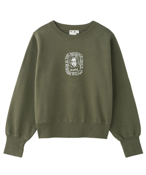 X-girl（エックスガール）の「FACE ROUNDED SQUARE SWEAT TOP（スウェット・レディース・ブラック/オリーブ・S/M）」の2枚目の写真