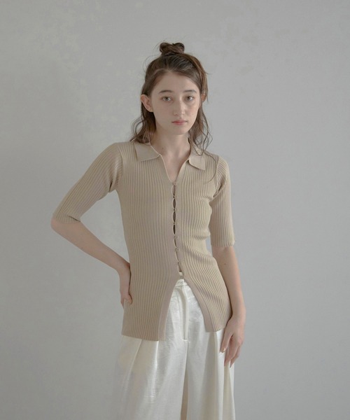 skipper polo knit slim fit cardigan / スキッパーポロニットハーフスリーブカーディガン