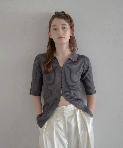 skipper polo knit slim fit cardigan / スキッパーポロニットハーフスリーブカーディガン