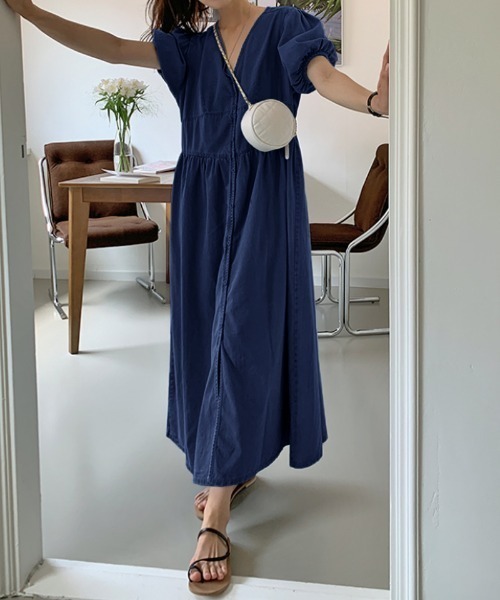 半袖 パフスリーブ デニムロングワンピース Vネック 4080204 セール】夏大活躍 パフスリーブ デニムワンピース 半袖 Vネック