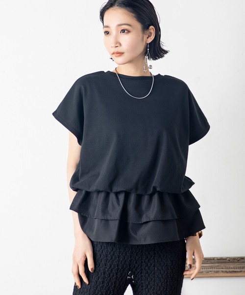 MILLION CARATS（ミリオンカラッツ）の「【接触冷感・UVカット】ふんわり感と光沢が映える、上品な甘さをプラスする異素材切り替えトップス（シャツ/ブラウス・レディース・ブラック/オフホワイト・FREE）」の19枚目の写真