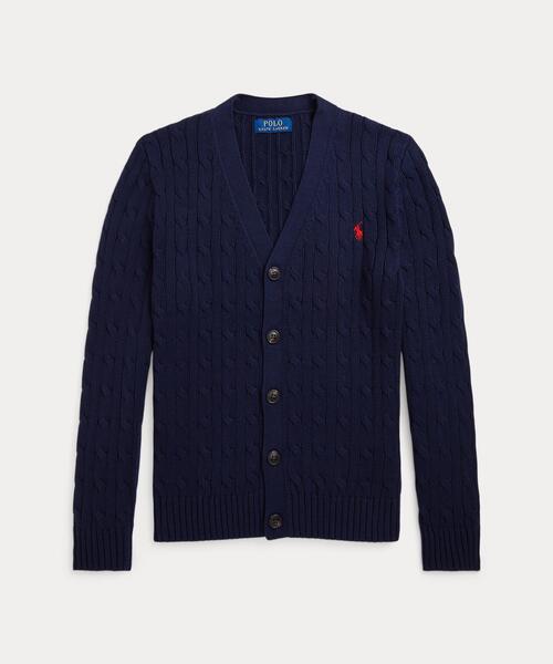 POLO RALPH LAUREN CHILDRENSWEAR(ポロ ラルフ ローレン チルドレンズウェア)の「ケーブルニット コットン Vネック カーディガン(カーディガン/ボレロ・キッズ・ネイビー系1・XL/L/M/S)」の1枚目の写真