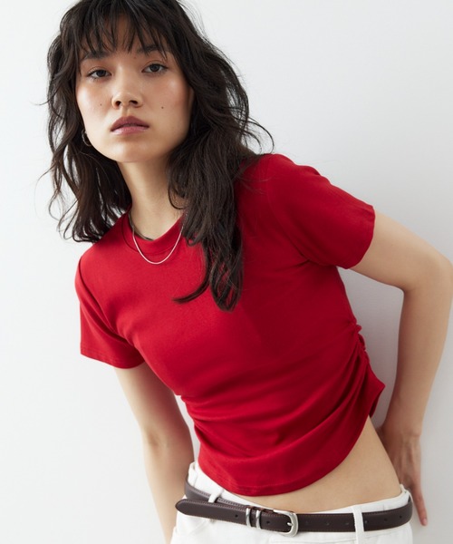 tシャツ サイドギャザーボートネックTee レディース feepur tシャツ ギャザーボートネックシアーロンTee レディース