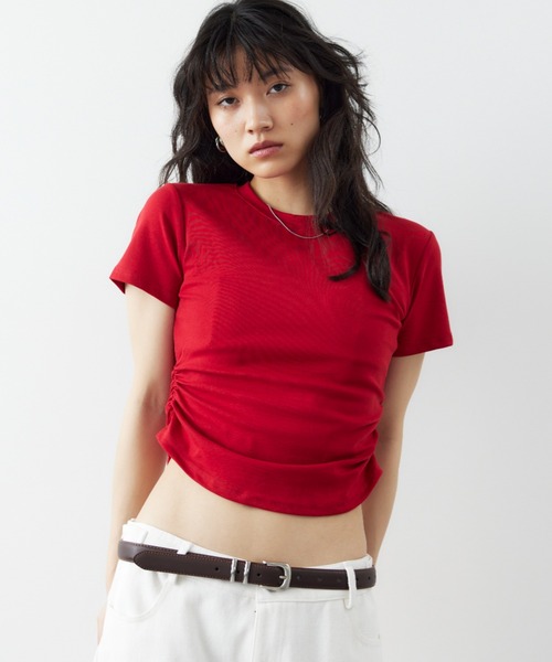 HANNE(アン)の「サイドギャザーコンパクトTEE(Tシャツ/カットソー・レディース・ホワイト/レッド/ブラック・FREE)」の4枚目の写真
