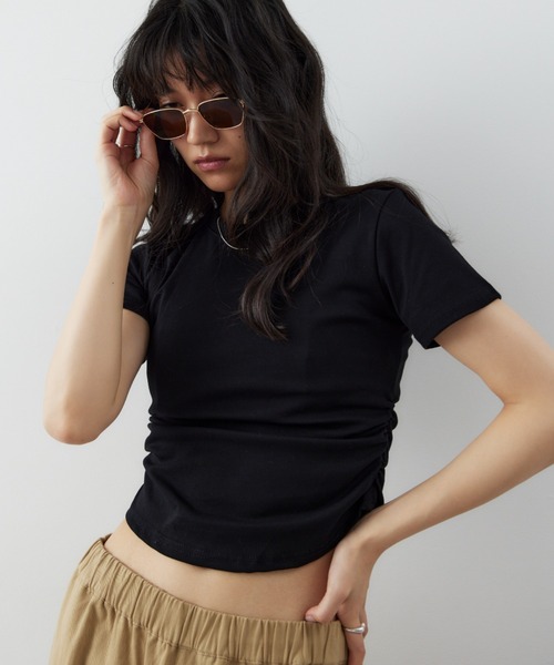 tシャツ サイドギャザープリントTEEシャツ レディース HANNE tシャツ Tシャツ サイドギャザーTEE レディース