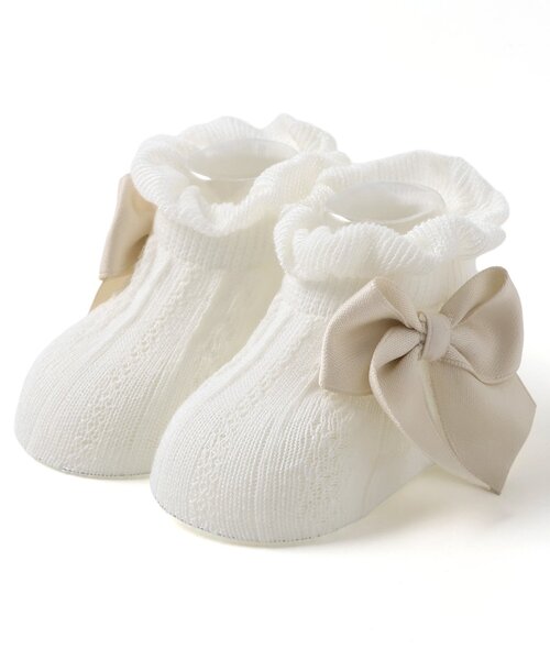 apres les cours（アプレレクール）の「リボンベビーソックス（ベビーシューズ/ベビーソックス・キッズ・アイボリー/ブラウン/ピンク・9/12）」の2枚目の写真